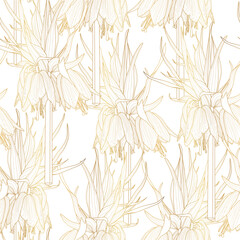 Seamless pattern with golden line flower imperial fritillary (Fritillaria) illustration. - obrazy, fototapety, plakaty
