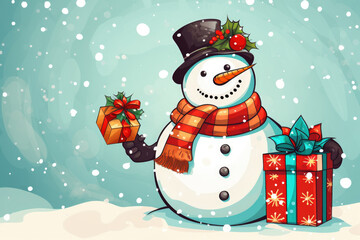 Illustration of a cute snowman with gift box. Christmas and new year wallpaper