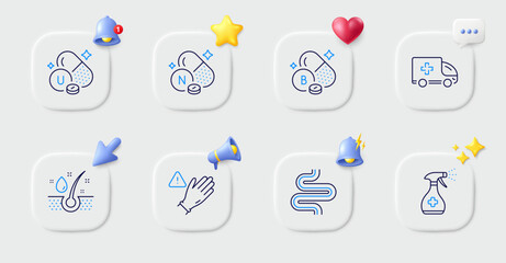 Boron mineral, Vitamin u and Serum oil line icons. Buttons with 3d bell, chat speech, cursor. Pack of Intestine, Vitamin n, Ambulance emergency icon. Use gloves, Medical cleaning pictogram. Vector