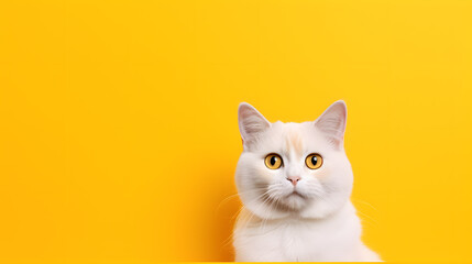 Portrait of a white cat with yellow eyes on a yellow background