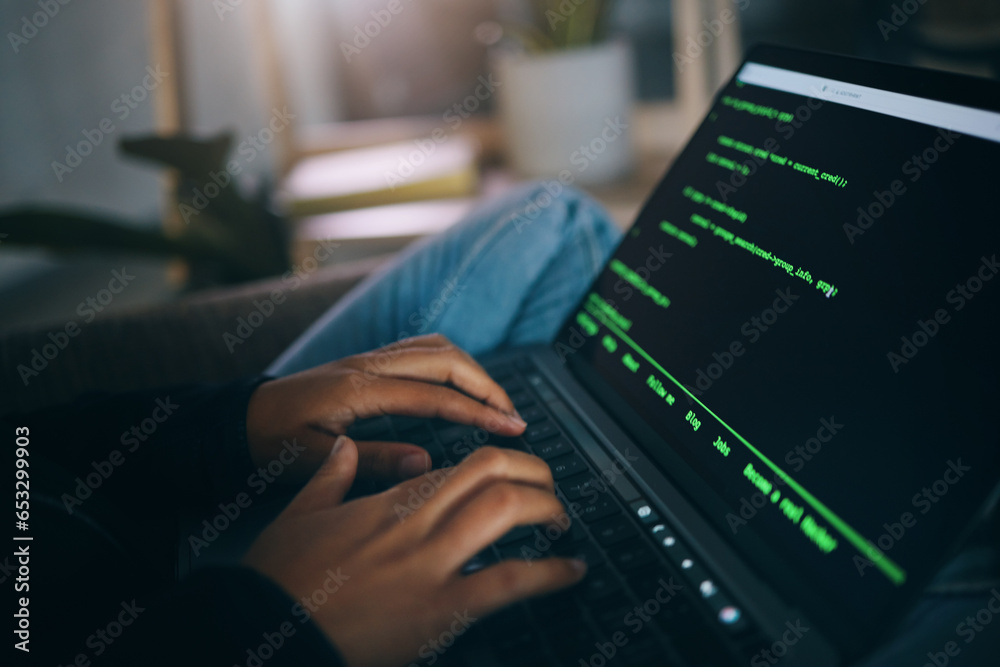Leinwandbilder Developer hands, code overlay and laptop typing with cybersecurity, hacker and data analysis. Person, programmer and computer work with firewall system hacking and algorithm writing for malware