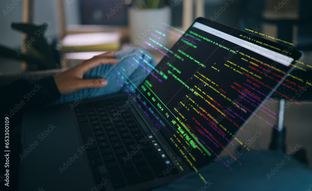Leinwandbilder Hands, code overlay and laptop screen with cybersecurity, hacker and software data analysis. Person, programmer and computer work with firewall system hacking and algorithm writing for malware