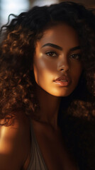 Fototapeta premium Portrait of Stunning Young Black Woman with Brown Hair Captured in Golden Hour and Natural Light, High-Quality Beauty Photography