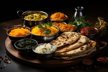 Traditional Indian dishes on the wooden table assorted