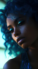 Portrait of Stunning Young Black Woman with Blue Hair Captured in Golden Hour and Natural Light, High-Quality Beauty Photography