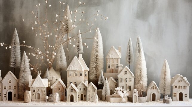 Generative AI, House front in the winter with Christmas decoration, wreath and garland. Snow cosy season.