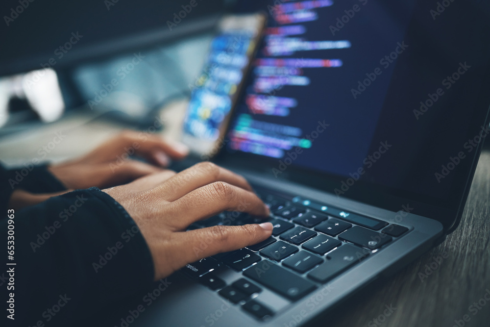 Leinwandbilder Hands, coding and laptop typing with cybersecurity, hacker and software data analysis. Person, web programmer and computer work with firewall system hacking and algorithm writing for malware