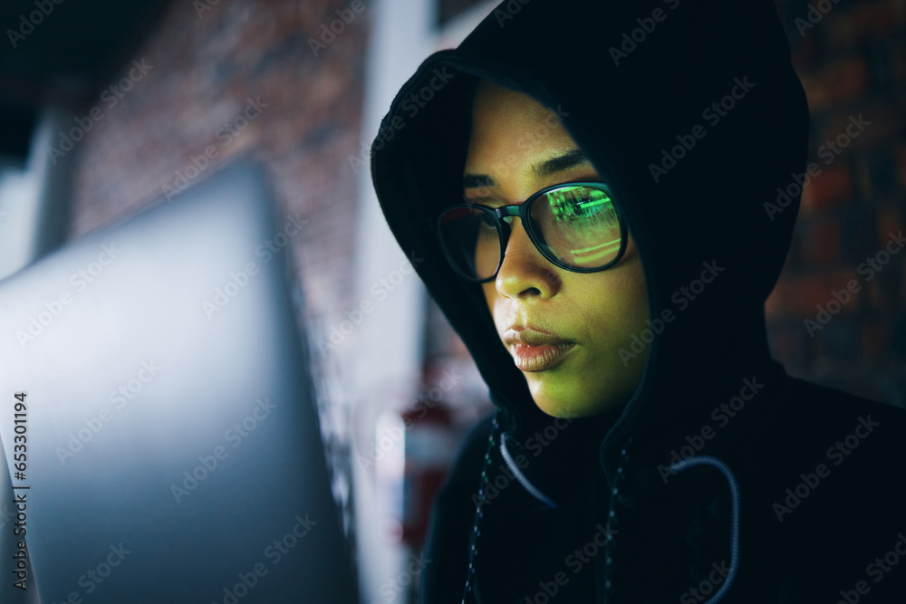 Poster Hacker, woman in dark room with laptop and coding, phishing and cyber crime with IT database or server. Cybersecurity, programming and criminal with pc in basement, ransomware and hacking firewall