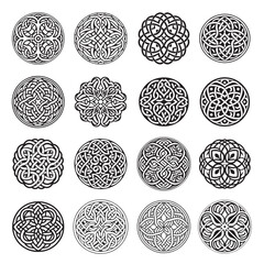 Celtic ornament circular round mandala set. Tattoo viking style collection. Adult coloring page black and white