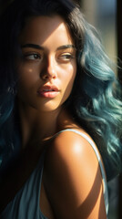 Fototapeta premium Portrait of Stunning Young Latino Woman with Blue Hair Captured in Golden Hour and Natural Light, High-Quality Beauty Photography