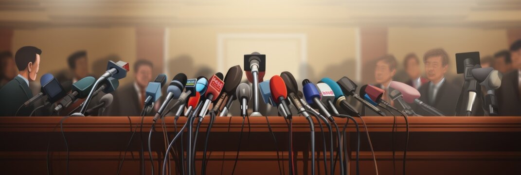 Hall for large press conferences. Many microphones are aimed at the podium. Politician is late. Expectation of a speech by a politician and loud statements from a politician.