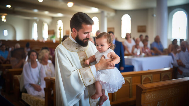Generative AI, sacrament of baptism of a small child in a Christian temple, religious traditional rite, ablution, Catholicism, Orthodoxy, church, cathedral, priest, family, baby, boy, girl, holy water