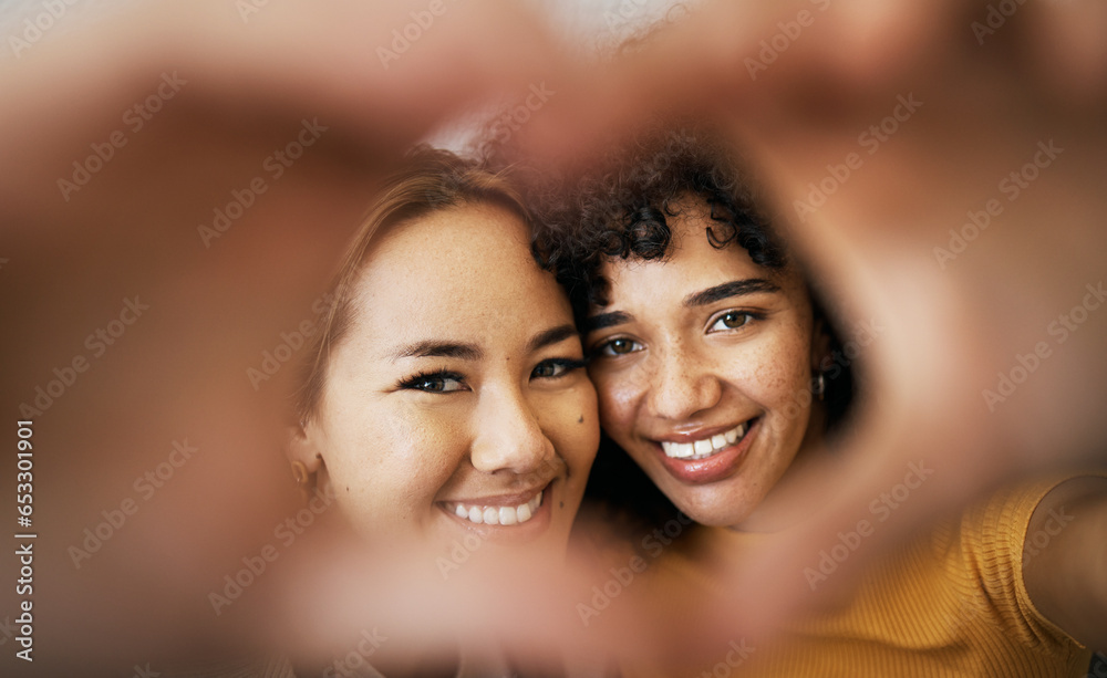 Canvas Prints Lesbian couple, smile and heart with hands, portrait and closeup for romance, bonding and love and support for relationship. Happy people, together and solidarity for pride, lgbtq and hope for peace