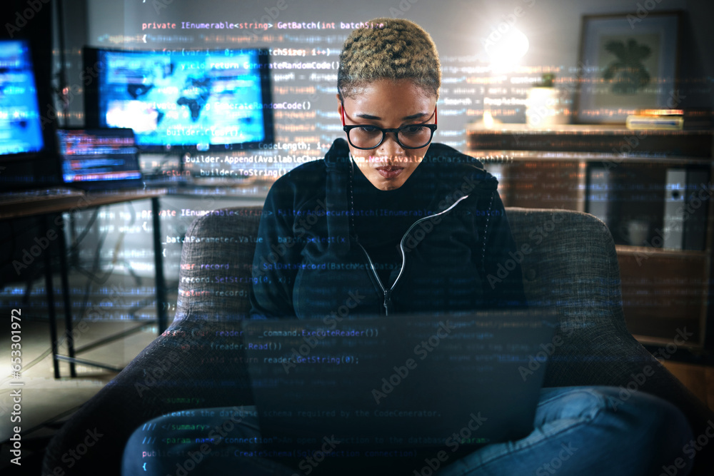 Leinwandbilder Serious woman, code overlay and laptop typing with cybersecurity, hacker and software data analysis. Web, programmer and computer work with firewall system hacking and algorithm writing for malware