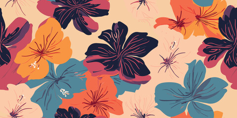 Tropical flower pattern seamless, silhouette of blooming, hand drawn botanical, Floral leaf for spring and Summer time, natural ornaments for textile, fabric, wallpaper, background design 