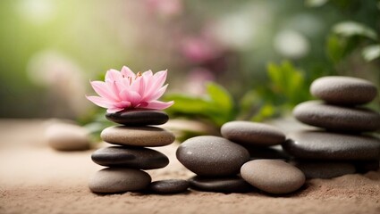 Fototapeta na wymiar Lily and spa stones in zen garden. Stack of spa massage stones with pink flowers on defocused wellness background