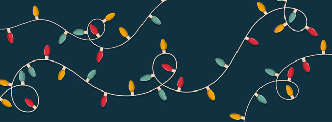 Guirlande d'ampoules pour les fêtes - Bannière festive et colorée pour célébrer un événement - Décoration de Noël - Éléments vectoriels éditables - Fond bleu - Fil d'ampoules - Bleu, jaune et vertes   © Manon