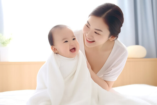 Bond of Joy: Asian Mother and Baby Share Laughter and Playfulness in a Heartwarming Scene