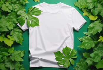 Classic white t-shirt mock up on a green leaves background