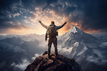 The mountaineer standing on a mountaintop with his arms celebrating the success  - obrazy, fototapety, plakaty