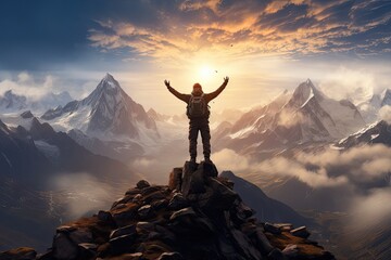 The mountaineer standing on a mountaintop with his arms celebrating the success  - obrazy, fototapety, plakaty