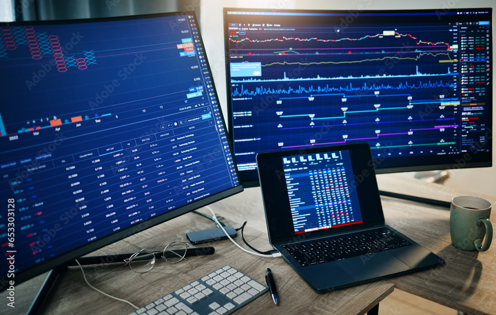 Poster computer screen, laptop and trading, workspace with financial dashboard, graph and chart information
