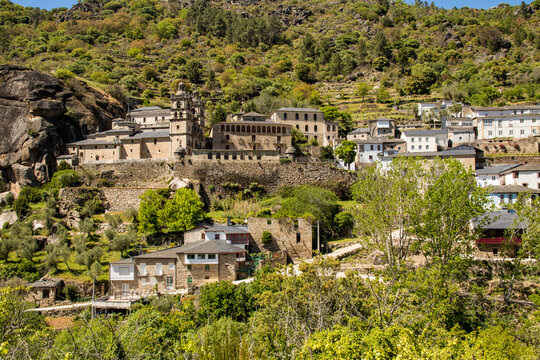 Beautiful and huge baroque Christian temple on the rocky slope of a mountain. Sanctuary of As Ermitas. O Bolo