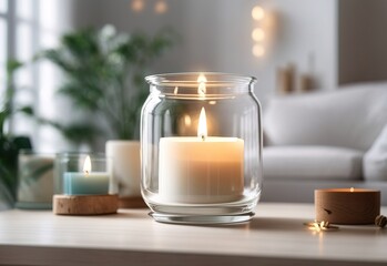 Burning container candle template in bright light room interior with home decor
