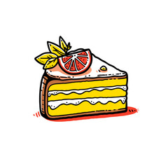Lemon cake vector icon in minimalistic, black and red line work, japan web