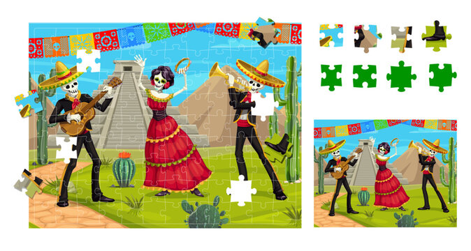 Day of the Dead Dia De Los Muertos mexican holiday jigsaw puzzle quiz game pieces vector worksheet. Connect cartoon Catrina Calavera and mariachi skeletons characters Mexico Halloween game puzzle