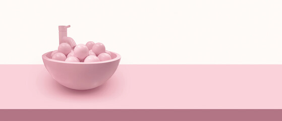 Shell with pink balls. Skin care concept. Cosmetic background in pink color. Scene for advertising, cosmetic ads, showcase, presentation, website, banner, cream, fashion. Product display