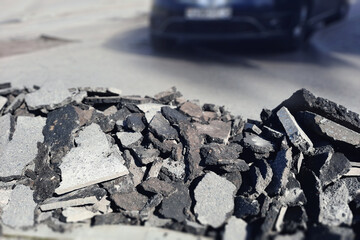 A pile of old asphalt. Pavement repair. Asphalt Road Scrap. - obrazy, fototapety, plakaty