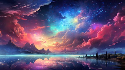Ilustracja w stylu anime przedstawiająca piękne kolorowe niebo z tęczowymi chmurami i gwiaździstym niebem.  - obrazy, fototapety, plakaty