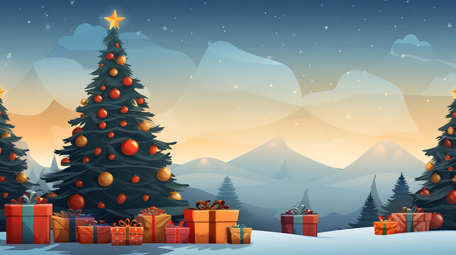 christmas tree and christmas presents on the snow background