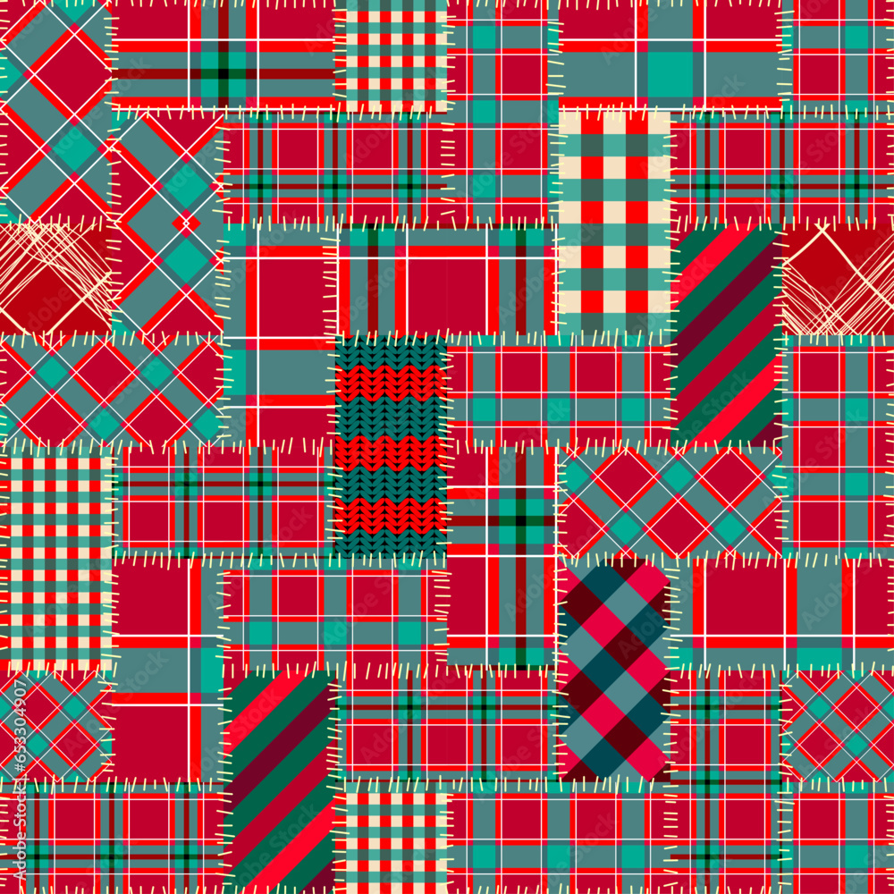 Poster Patchwork textile pattern. Seamless quilting design background. Merry Christmas cozy pattern.
