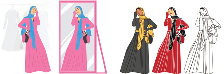 Vector set of stylish Muslim women. 