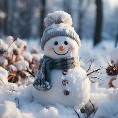 Snowman with a Hat and Scarf in a Winter Landscape