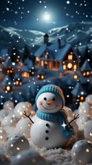 Snowman with Mountains and Houses in the Night Background