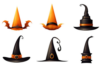  Big set of different Halloween witches hats, jack o lantern without background, web site arrow pointer, png