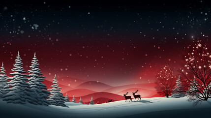 Two Reindeers on snow hill with red sky Christmas Background