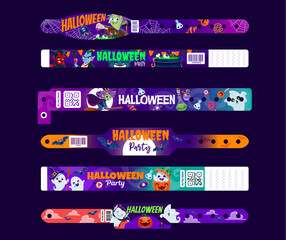 Halloween holiday party paper bracelets and hand wristband mockups set. Vector bewitching assortment of themed armlets for creepy soiree, identifying guests and adding touch of spooky spirit to event