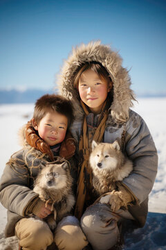 Mongolian brothers with dogs smile with blue sky behind