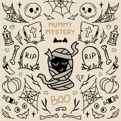 Halloween vintage vector illustration with cute mummy, grave and skull. Symmetrical style graphic. Perfect for a social media post, prints, poster, cover or postcard