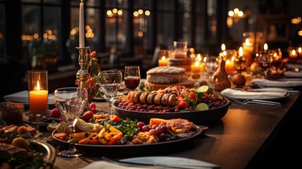 Modern Festive Christmas Dinner: Lavishly Decorated Table for Family Celebration on Christmas Eve in 8K created with generative ai technology