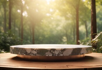 Empty circular marble podium in middle of bokeh forest background