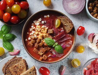 Fototapeta na wymiar Spanish traditional tomato soup salmorejo