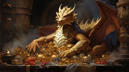 golden dragon on a pile of gold