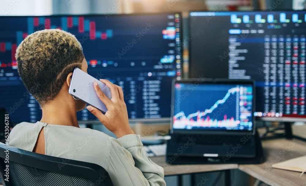 Poster Woman, phone call and programmer with connection, computer and network with conversation. Person, employee and trader with smartphone, investor and digital app with investment, savings and talking
