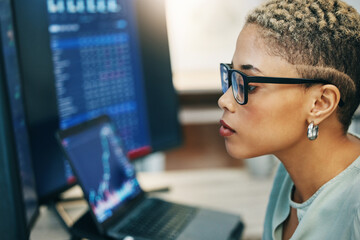 Woman with computer, glasses and thinking on stocks for crypto trade, research and investment in...