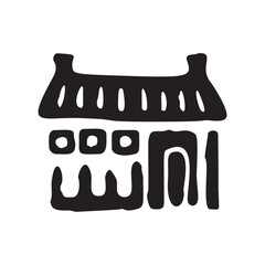 Quirky rural cabin holiday home vector illustration. Block print real estate graphic for scandi winter scene doodle, whimsy minimal stylized domestic house.